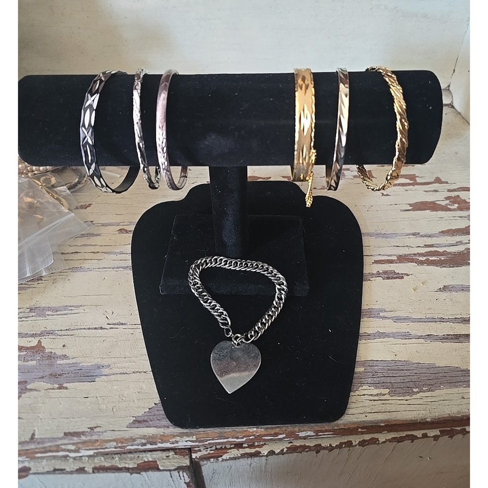 Lot of 7 Vtg Gold & Silver Tone Heart Pendant Monet Jewelry Bangle Bracelets